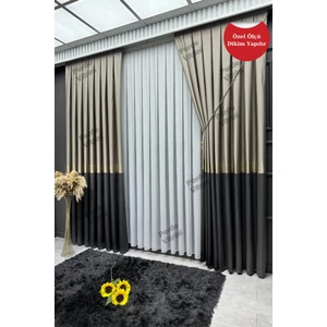 Vera Desen, Pano Fon Perde, Gold Detaylı Bej - Siyah Perde (Tek Kanat)