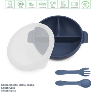 Silikon Beslenme Seti Vakumlu Silikon Mama Tabağı (Kapaklı), Silikon Çatal ve Kaşık