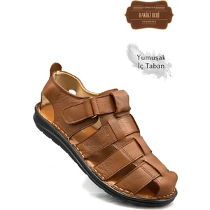 Hakiki Deri Burnu Kapalı Erkek Sandalet Taba