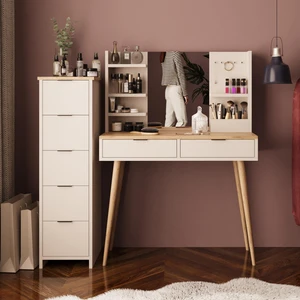 T4060 Bella 5+2 Çekmeceli Makyaj Masası Seti Kumtaşı Sepet – Raflı Ayna, Takı Askılı, Ahşap Ayaklı