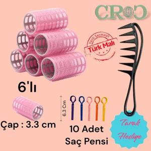 1202 Pembe Cırtlı Bigudi 6'lı Çap 3,3 cm +10'lu Plastik Saç Pensi