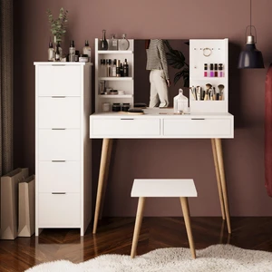 U4050 Bella Makyaj Masası Seti 5+2 Çekmeceli Dolaplı Tabureli Beyaz