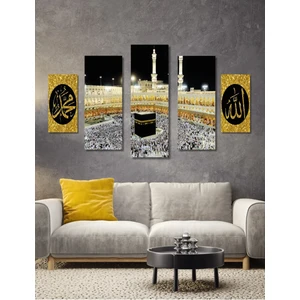 5 Parça Ahşap Allah Muhammed Kabe Duvar Dekoru Salon Oturma Yatak Odası Için 110X60CM Tablo Seti