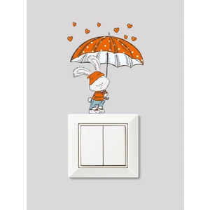 Turuncu Şemsiyeli Kalpten Yağmurlu Sevimli Tavşan Çocuk Odası Priz Sticker 12 x 17 cm