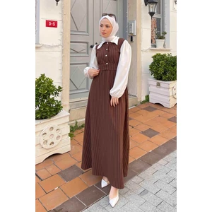 Çizgi Detaylı Garnili Elbise Acı Kahverengi