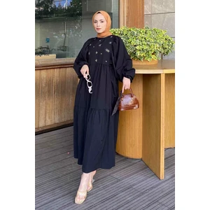 Yazlık Elica Elbise Oversize Kesim Dokuma Kumaş Düz Desen Siyah