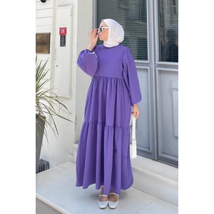 Balon Kol Katlı Yazlık Elbise Mor