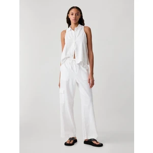 Kadın Beyaz Keten Karışımlı Wide-Leg Kargo Pull-On Pantolon