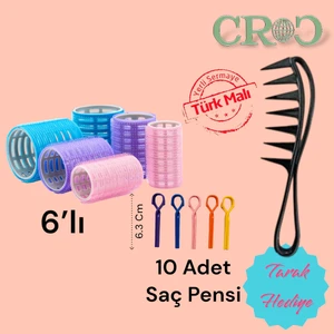 1225 Karma Bigudi 6'lı + Saç Pensi 10'lu Cırtlı - Yapışkanlı Saç Bigudisi