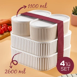 4 Adet Elastik Bantlı Istiflenebilir Pratik Saklama Kabı Seti 2X(1100 Ml) 2X(2600 Ml) Bej