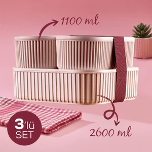 3 Adet Elastik Bantlı Istiflenebilir Pratik Saklama Kabı Seti 2X(1100 Ml) 1X(2600 Ml) Pembe