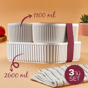 3 Adet Elastik Bantlı Istiflenebilir Pratik Saklama Kabı Seti 2X(1100 Ml) 1X(2600 Ml) Bej