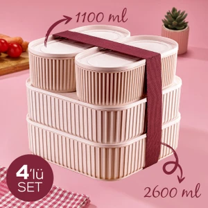 4 Adet Elastik Bantlı Istiflenebilir Pratik Saklama Kabı Seti 2X(1100 Ml) 2X(2600 Ml) Pembe