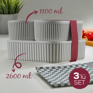 3 Adet Elastik Bantlı Istiflenebilir Pratik Saklama Kabı Seti 2X(1100 Ml) 1X(2600 Ml) Gri