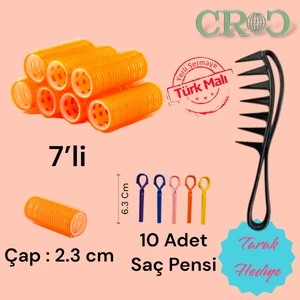1216 Turuncu Cırtlı Plastik Bigudi 7'li Çap:2,5 cm + Plastik Saç Pensi 10'lu ( Yapışkanlı Saç Bigudisi )