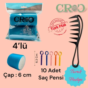 1208 Mavi Cırtlı Sünger Bigudi 4'lü 6 cm + 10'lu Plastik Saç Pensi