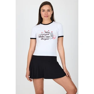 Beyaz Baskılı Ribana Detaylı Pamuklu Crop Tişört 9191M