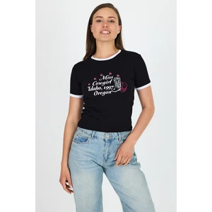 Siyah Baskılı Ribana Detaylı Pamuklu Crop Tişört 9191M