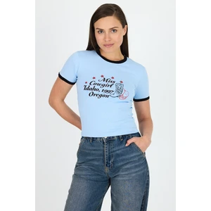 Mavi Baskılı Ribana Detaylı Pamuklu Crop Tişört 9191M