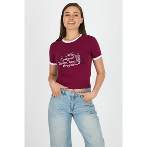 Bordo Baskılı Ribana Detaylı Pamuklu Crop Tişört 9191M