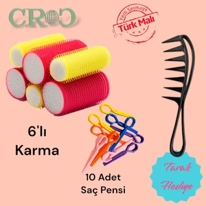 1209 Karma 6'lı Bigudi Cırtlı Saç Bigudisi + 10'lu Saç Pensi