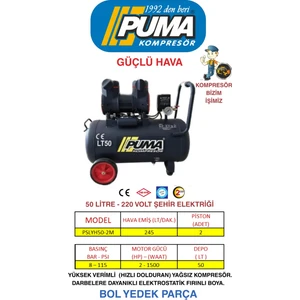 Hızlı Yüksek Verimli Yağsız Pistonlu Kompresör - 50 Lt - 2 Hp - 8 Bar - Hava Üretimi: 245 Lt/dk. - 220 Volt