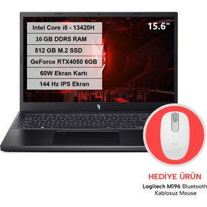 Nitro V 15 Intel Core I5 13420H 16GB Ddr5 512GB M.2 SSD Rtx 4050-6GB 60W Freedos 15.6" Fhd IPS 144Hz Taşınabilir Bilgisayar NH.QNBEY.001-1