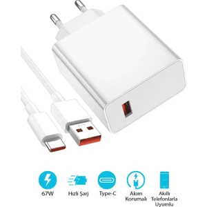 Xiaomi Redmi Uyumlu 67 Watt Hızlı Turbo Şarj Seti Kafa Kablo Baslık Kablo