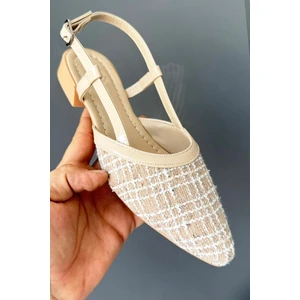 Kadın Günlük Babet Suni Deri Bej Renk Taşlı Tasarım 3 cm Düz Topuk