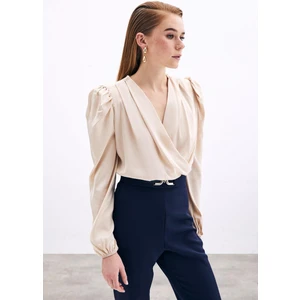 Kruvaze Vatkalı Bodysuit - Bej