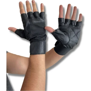 Deri Bileklikli Fitness Ağırlık Eldiveni – Bilek Bandajlı Siyah Spor Eldiveni (Motor Eldiveni Tarzı)