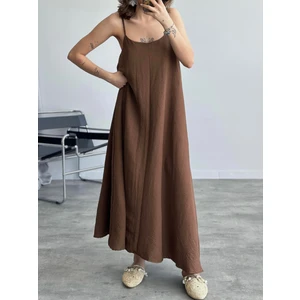 Kadın Kahverengi Ayarlanabilir Askılı Pamuklu Yazlık Uzun Elbise