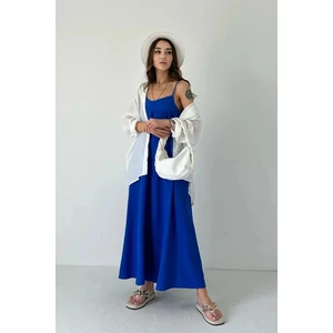 Kadın Saks Ayarlanabilir Askılı Pamuklu Yazlık Uzun Elbise