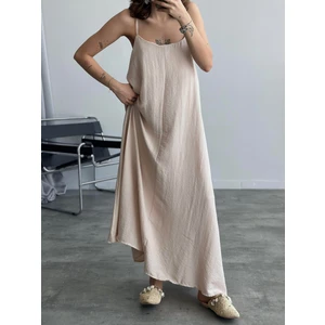 Kadın Bej Ayarlanabilir Askılı Pamuklu Yazlık Uzun Elbise
