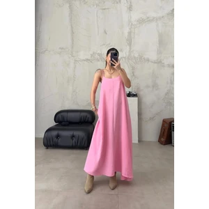 Kadın Pembe Ayarlanabilir Askılı Pamuklu Yazlık Uzun Elbise