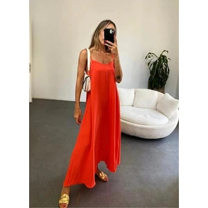 Kadın Orange Ayarlanabilir Askılı Pamuklu Yazlık Uzun Elbise