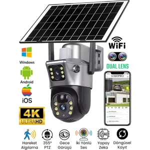 VIVA 735W V380 WİFİ Solar Güvenlik Kamerası Türkçe PTZ Hareketli Gece Görüşlü Güneş Panelli Akıllı Kamera