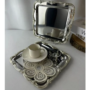 2 Adet Çelik Kare Gümüş Çerçeveli Servis ve Sunum Tepsisi Çay Kahve Sunum