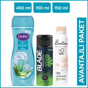Moods Deniz Mineralleri İle Aloe Vera Duş Jeli 450 ml + Blade Green Dream Erkek Deodorant 150 ml + Emotion Natural Bloom Kadın Deodorant 150 ml