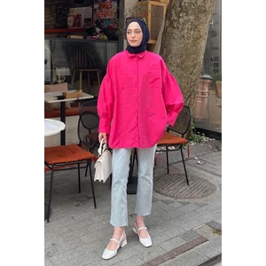 Kol Bağlama Detaylı Oversize Gömlek Fuşya