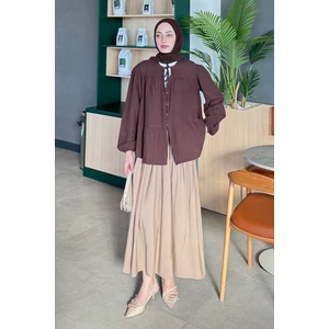 V Yaka Kolları Lastikli Müslim Tesettür Gömlek Kahverengi