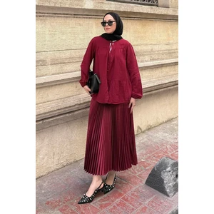 V Yaka Kolları Lastikli Müslim Tesettür Gömlek Bordo