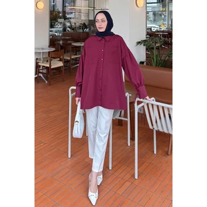 Kol Bağlama Detaylı Oversize Gömlek Bordo