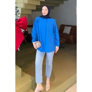 Omuz Vatka Detaylı Tesettür Gömlek Saks Mavisi