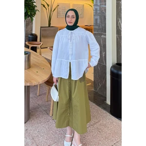 V Yaka Kolları Lastikli Müslim Tesettür Gömlek Beyaz