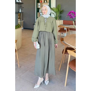 V Yaka Kolları Lastikli Müslim Tesettür Gömlek Haki