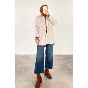 Kapaklı Iki Cepli Tahta Düğmeli Gömlek Gri