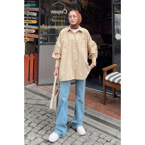 Kol Bağlama Detaylı Oversize Gömlek Bej