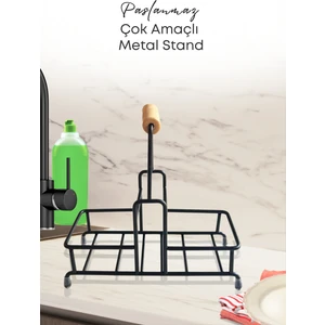 Grimor Life Paslanmaz Metal 2 Bölmeli Çok Amaçlı Ahşap Kulplu Stand- Sıvı Sabunluk- Yağdanlık Standı
