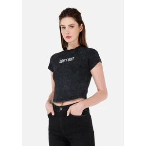 Slim Fit Yuvarlak Yaka Baskılı Kadın Antrasit Kısa Kol Tişört
